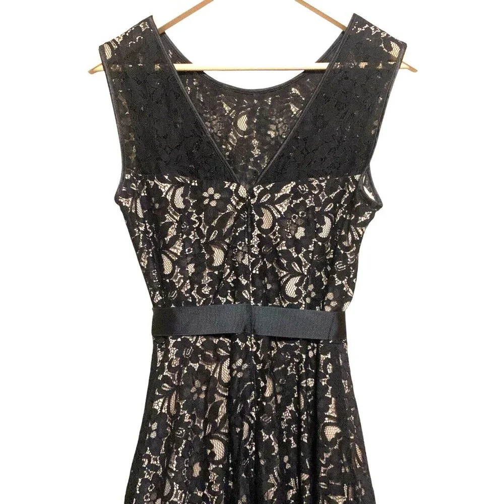Betsy & Adam Women's Black Lace Over Beige Bow Party Cocktail Dress Sz 12 Witchy